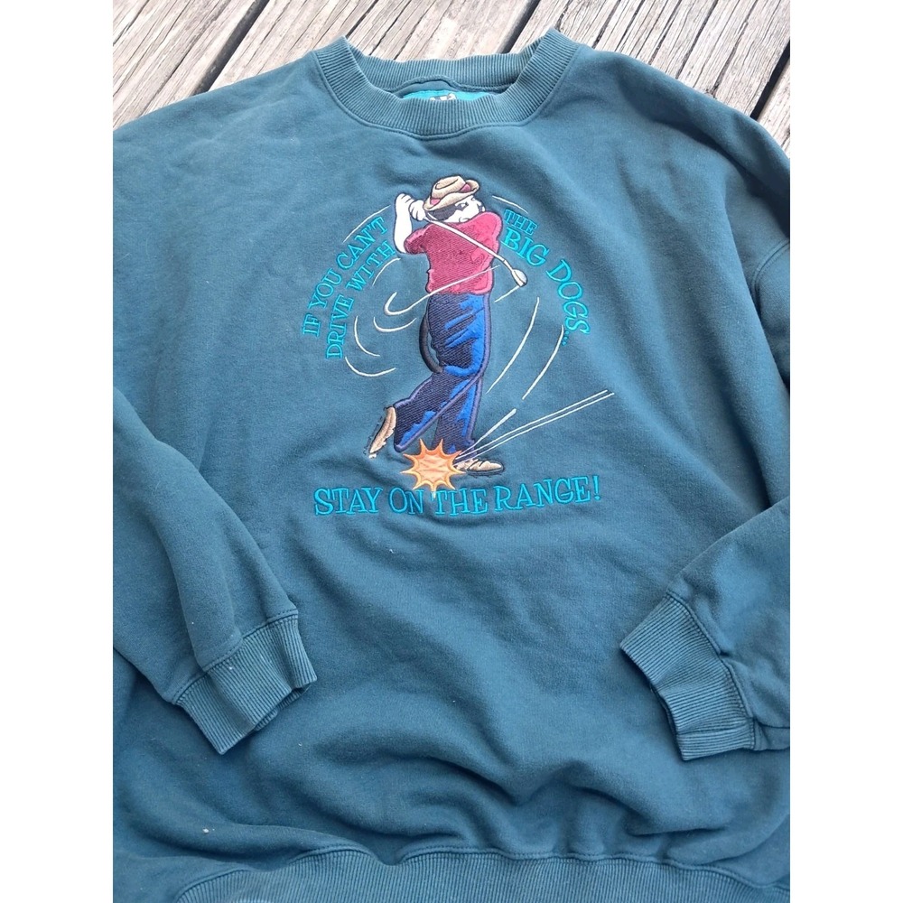 Vintage Big Dogs Golf Sweatshirt Mens M Green Crewneck Stay On Range USA 90s Y2K